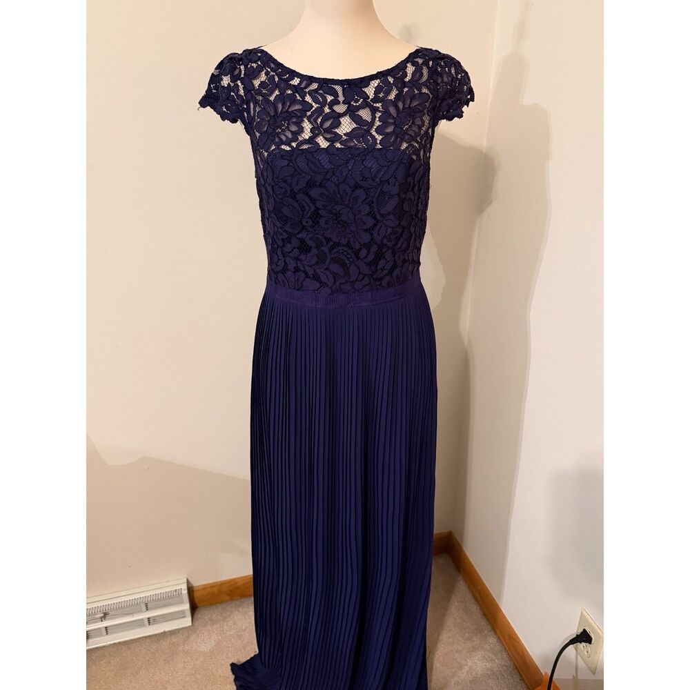 H&M Navy Blue Floral Lace Cap Sleeve Pleated Maxi Dress Size 10 Formal Evening